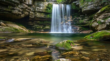 Fototapeta premium A serene waterfall in a hidden glade, with moss-covered rocks and clear, cool water flowing into a pool below.