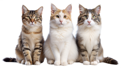 Three cats are sitting on a transparent background