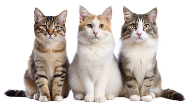 Three cats are sitting on a transparent background