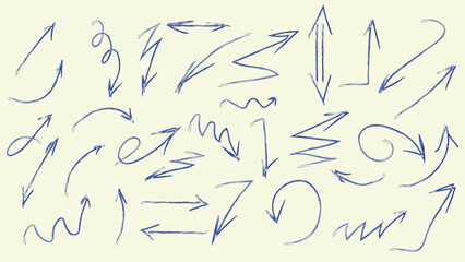 Arrow vector hand drawn sketch icon set. Doodle sketch hand drawn direction element set. Pencil doodle flat line design cartoon elements. Scribble swirl arrow sign. Vector illustration