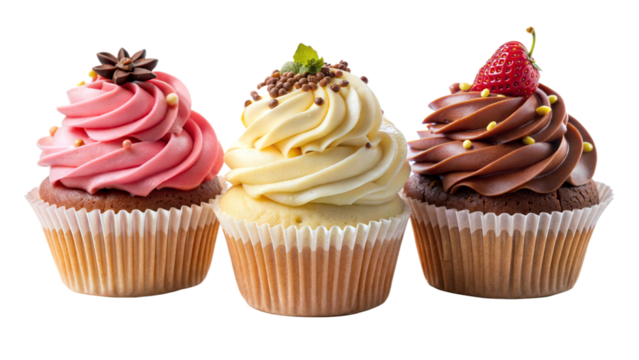 Three cupcakes with different frosting and one with a strawberry on top