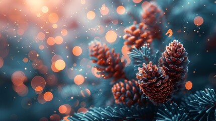  Festive Christmas tree adorned with pine cones and twinkling lights.