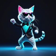 Stylish striped cat in black suit and stylish black sunglasses, standing on hind legs and dancing in neon light on dark background. Creative concept of advertising banner. Copy space