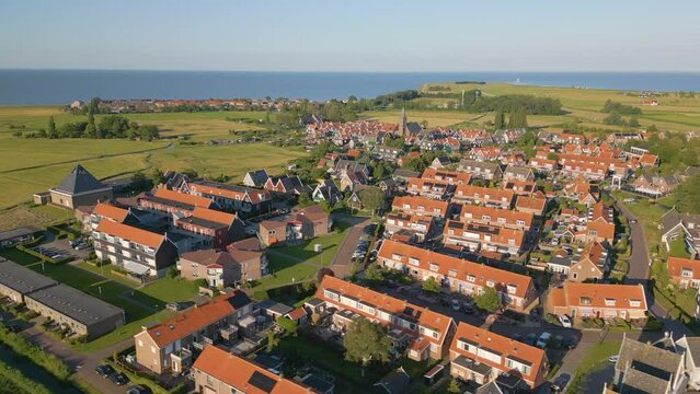 Aerial drone view of the small typical dutch town named Marken in the Netherlands.