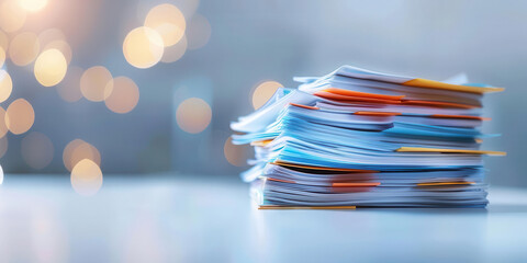 Stack of organized colorful documents on a blurred office background with bokeh lights, suitable for business and administrative concepts.