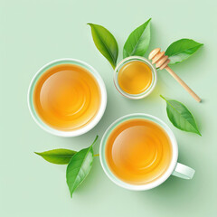 Top view of two cups of green tea with fresh leaves and honey on a light green background, showcasing a healthy and organic lifestyle.