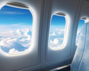 View from an airplane window showing beautiful clouds and blue sky, with an empty seat by the window. Perfect travel and aviation photo.