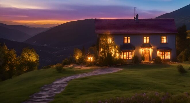 Enchanting glowing house nestled in the valley illuminating the night landscape with warmth Seamless looping time la