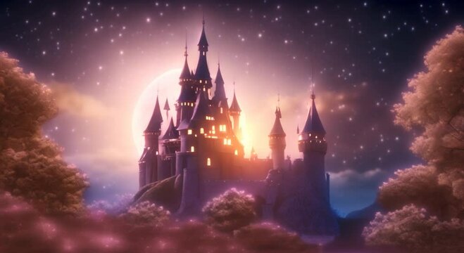 Glowing fantasy castle illuminated against the night sky magical and enchanting ambiance Seamless looping time lapse virtual video animation background 4k animation
