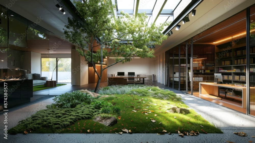 Poster a contemporary courtyard featuring a central tree, lush greenery, and sunlight filtering through sky