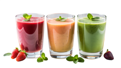 Three glasses of different colored smoothies with green leaves on top