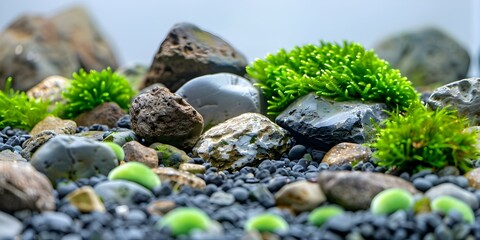 Photo of brown rocks and moss for aquarium decor on isolated background. Concept Aquarium Decor, Brown Rocks, Moss, Isolated Background, Nature Inspired