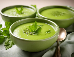 A vibrant green soup in bowls garnished with herbs