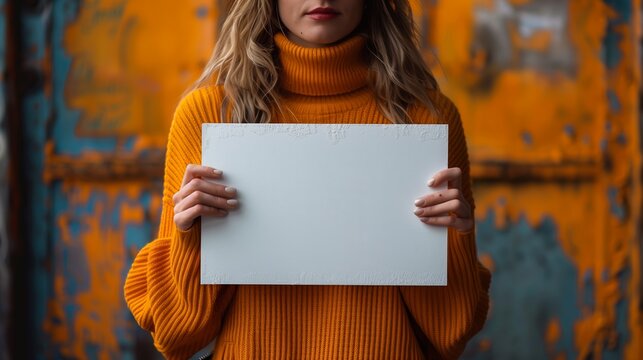 Woman Holding a Blank White Sign in Front of an Orange Door