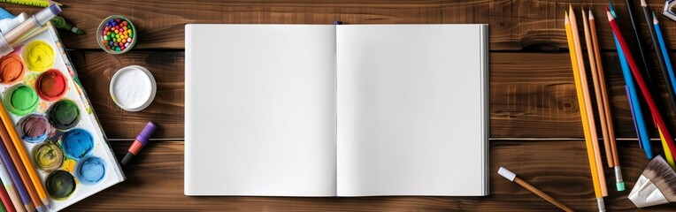 Open white book or notebook pages mockup product presentation lying on table desk with stationery items, colored pencils, pens and paints. Creativity, art, organization, and artistic expression.