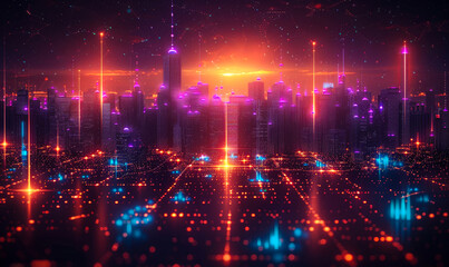 Futuristic Smart City Metaverse Concept with Vibrant Neon Lights and Advanced Technology in a Digital Cyber Landscape at Sunset