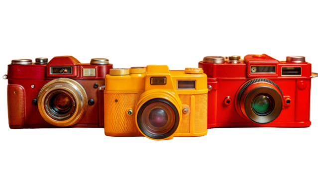 Three cameras of different colors are lined up on a transparent background