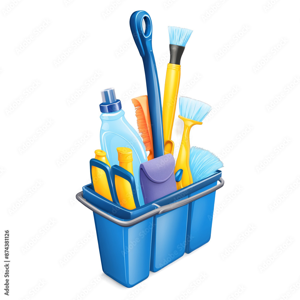 Poster A caddy filled with different types of cleaning tools and products including sponges brushes and cloths..