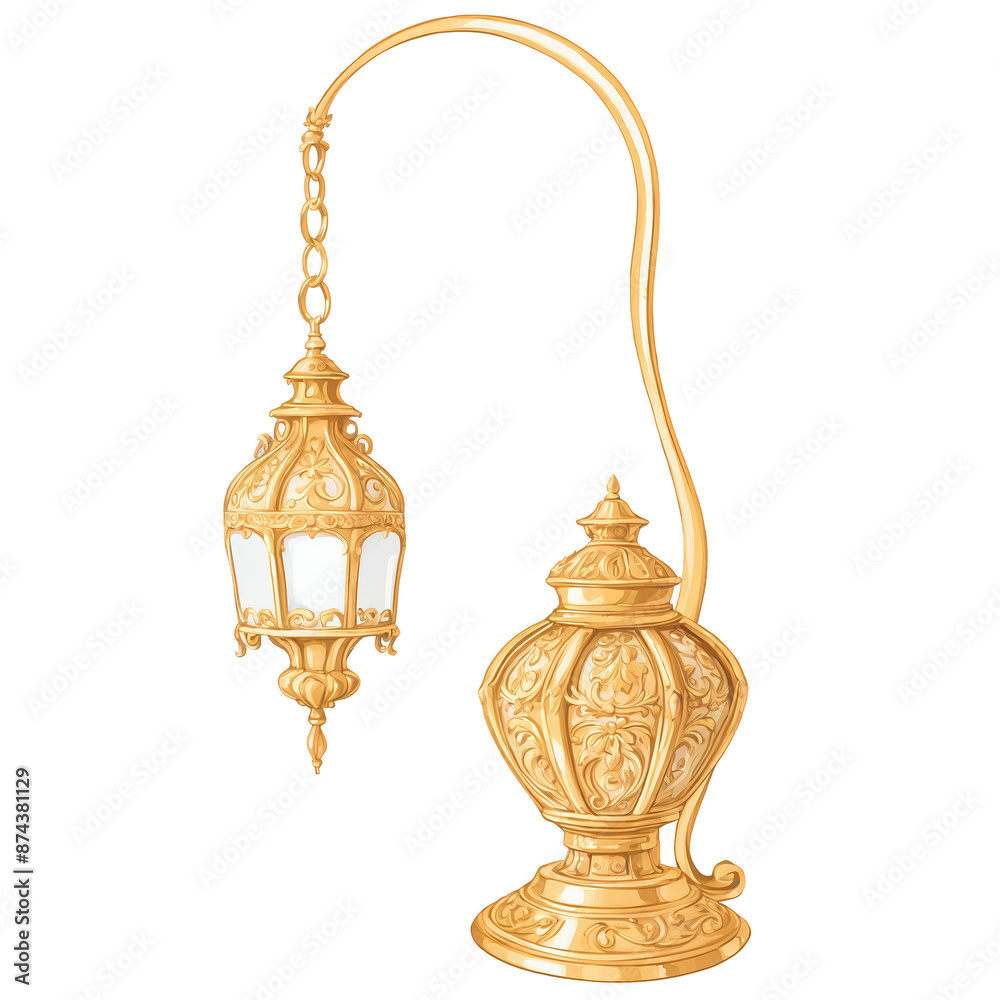 Poster The lamp features a shiny gold finish and intricate carvings on its body..