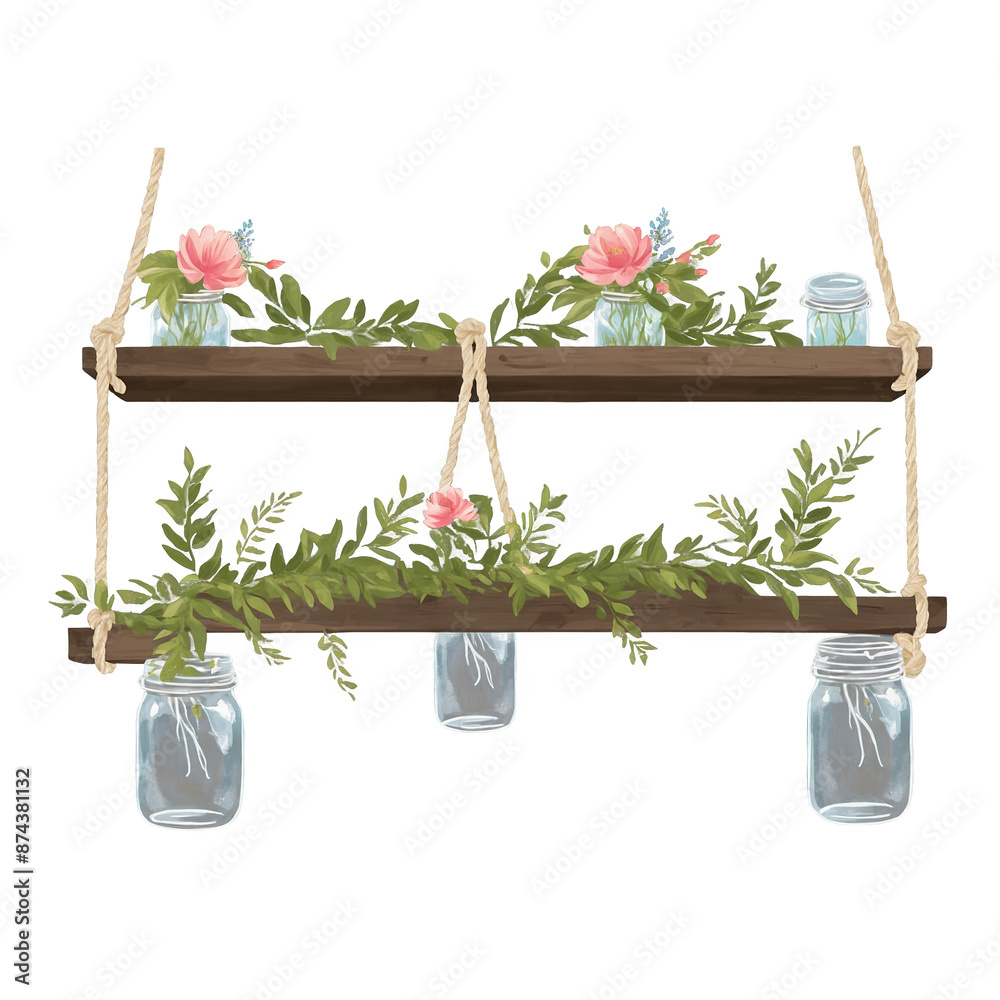 Poster a farmhouseinspired shelf suspended by rustic ropes and adorned with mason jars filled with faux flo
