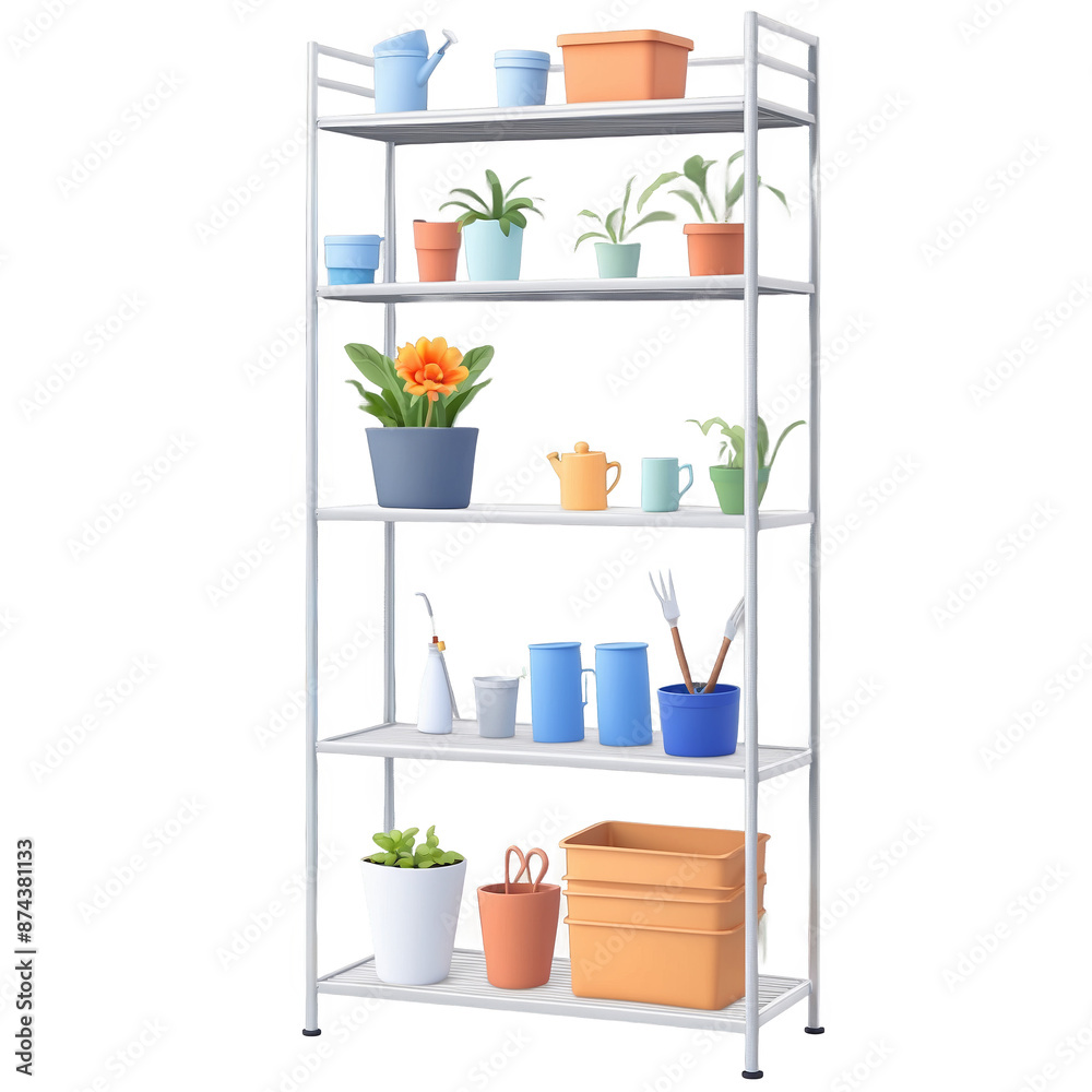 Poster A tall metal shelf with multiple levels for storing various items such as tools boxes and gardening supplies..