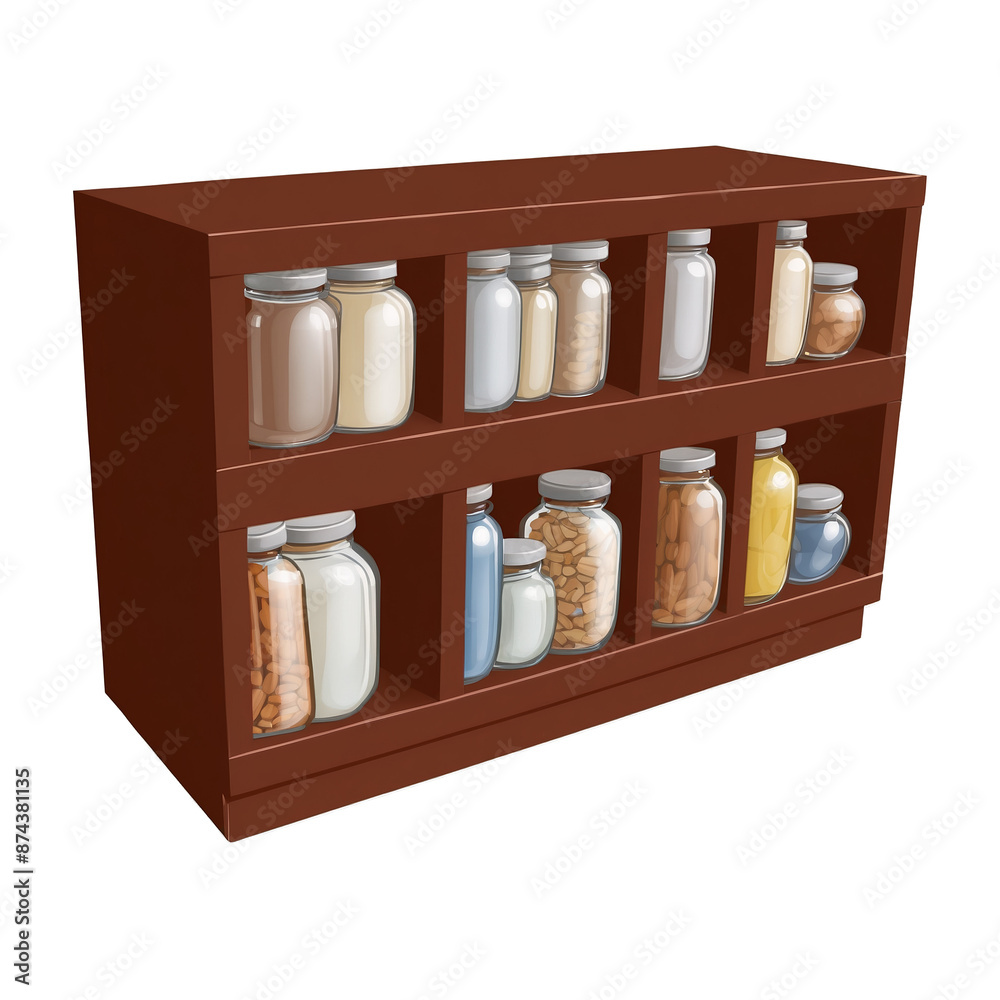 Poster Inside the cabinet there are neatly stacked jars and boxes of different sizes showcasing its ample storage space..