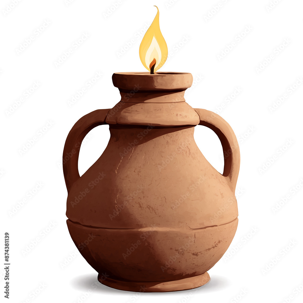 Poster A rustic oil lamp constructed from a clay pot with a rough texture and an organic shape and a wick protruding from its top..