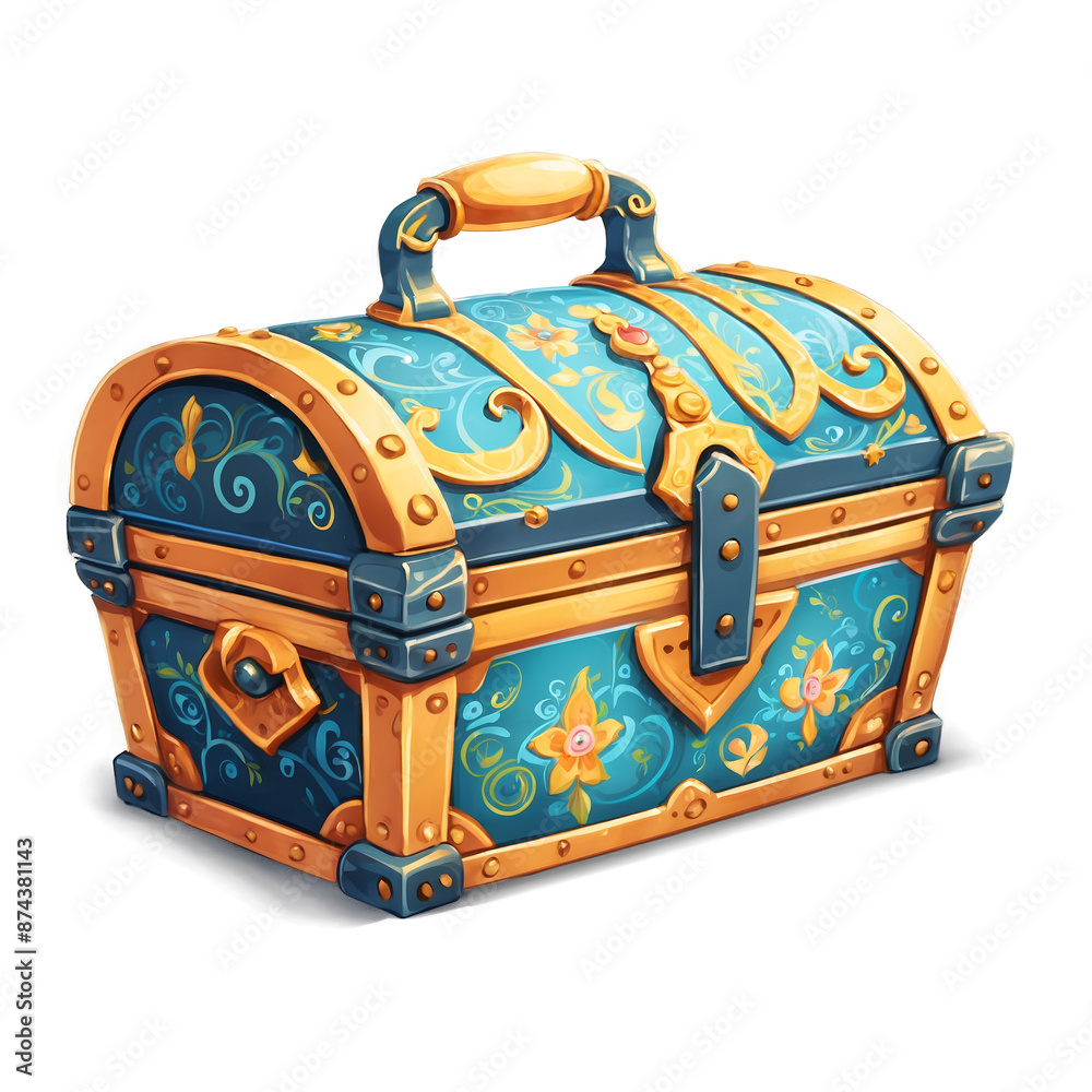 Poster An adorable treasure chest for kids adorned with whimsical patterns and a handle for easy carrying..
