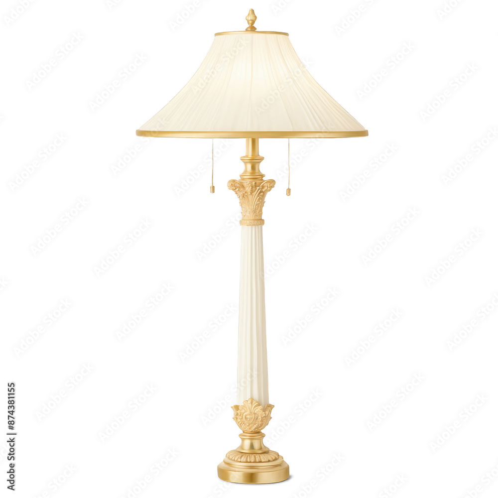 Poster A classicalstyle lamp with a base resembling a Roman column featuring a long stem with intricate detailing and a fluted shade..