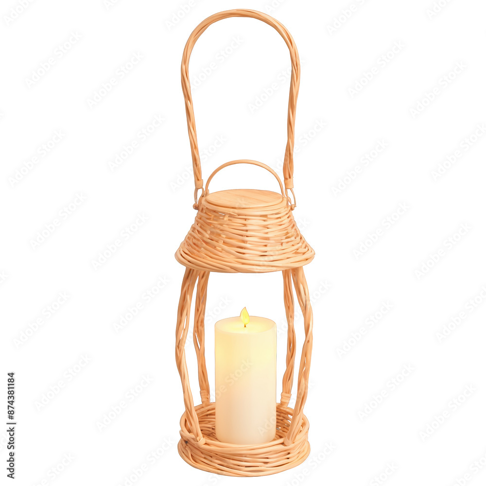 Poster A rustic lantern made of woven wicker featuring a tall handle and a large round base for stability..