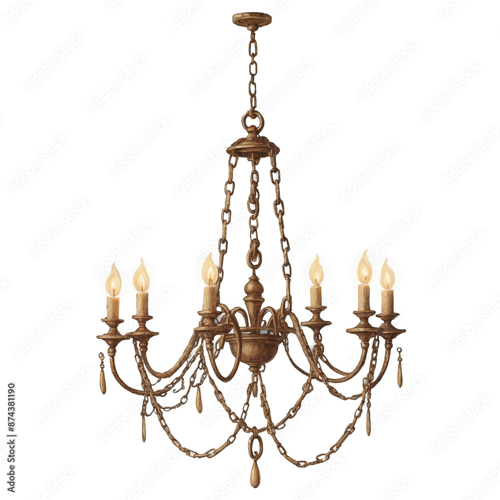 Poster The chandelier hangs from a chain and has a rustic antique appearance..