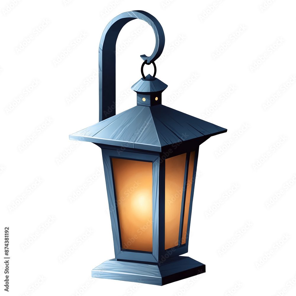 Poster A rustic lantern made of wood and metal complete with a swinging door and a hook for hanging on a tree branch..