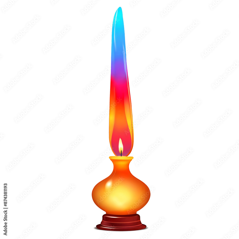 Poster a modern oil lamp with a sleek cylindrical glass body filled with colorful liquid and a tall wick th