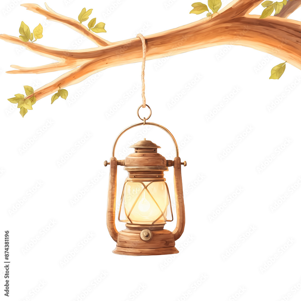 Poster a rustic garden light made of weathered wood and rope. hanging from a tree branch it features a smal