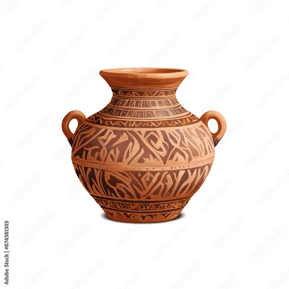 Poster A traditional handcrafted vessel made of clay adorned with delicate painted patterns and a textured uneven texture on its surface..