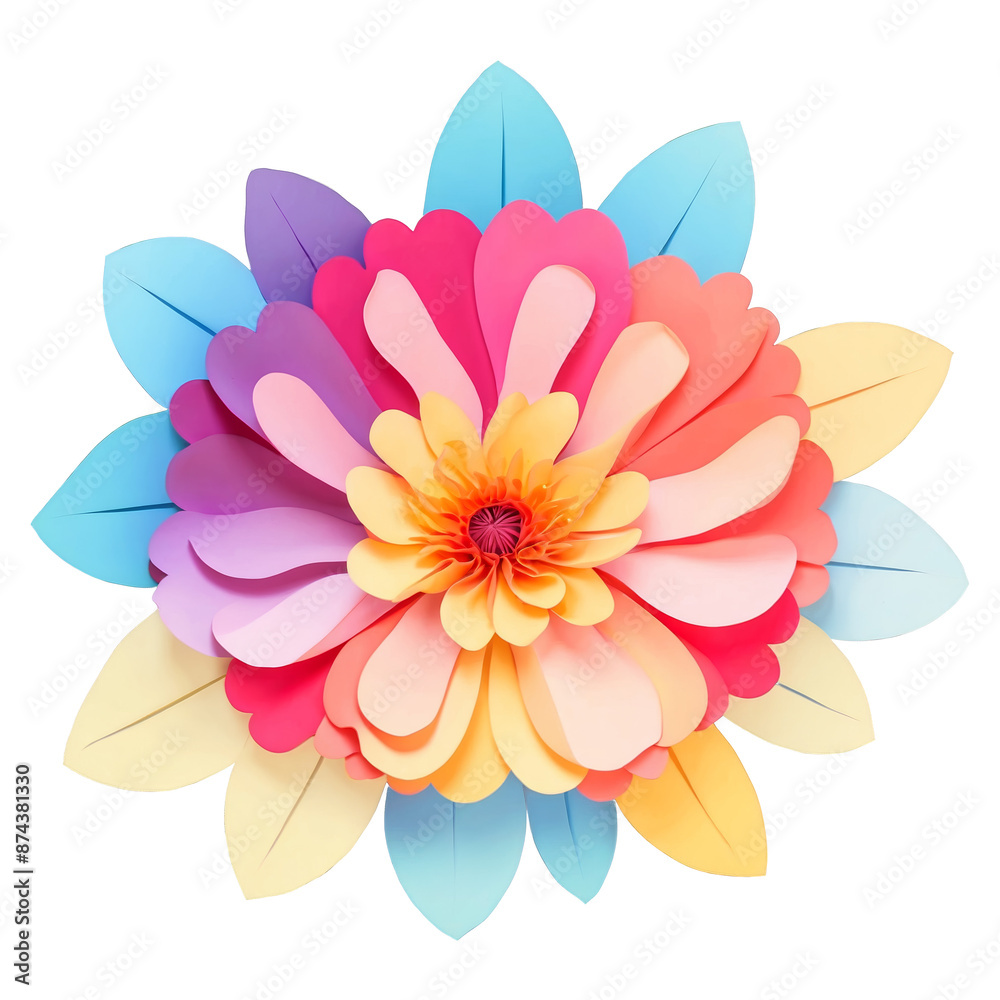 Poster a multicolored artificial flower with layers of ruffled petals resembling a vibrant sunset..