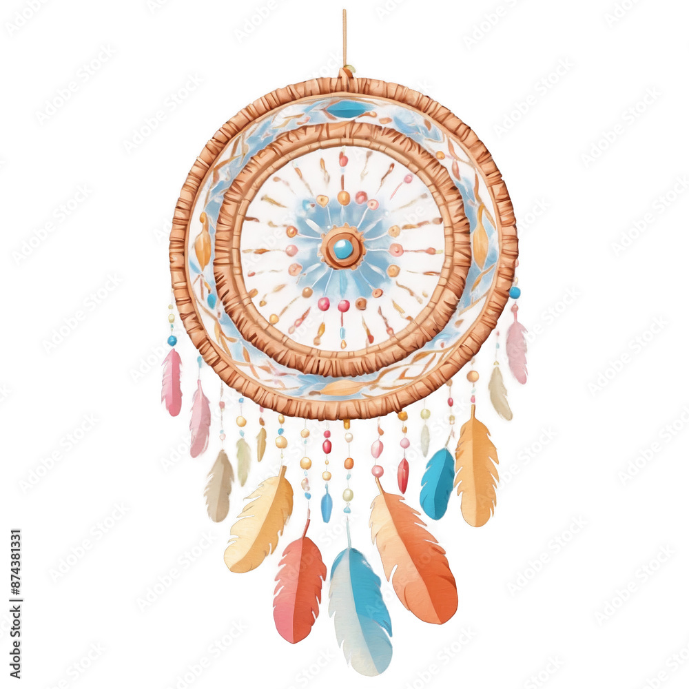 Aufkleber A circular intricately woven structure with a series of decorative feathers and beads hanging from the bottom believed to filter out bad dreams and let good ones pass through..