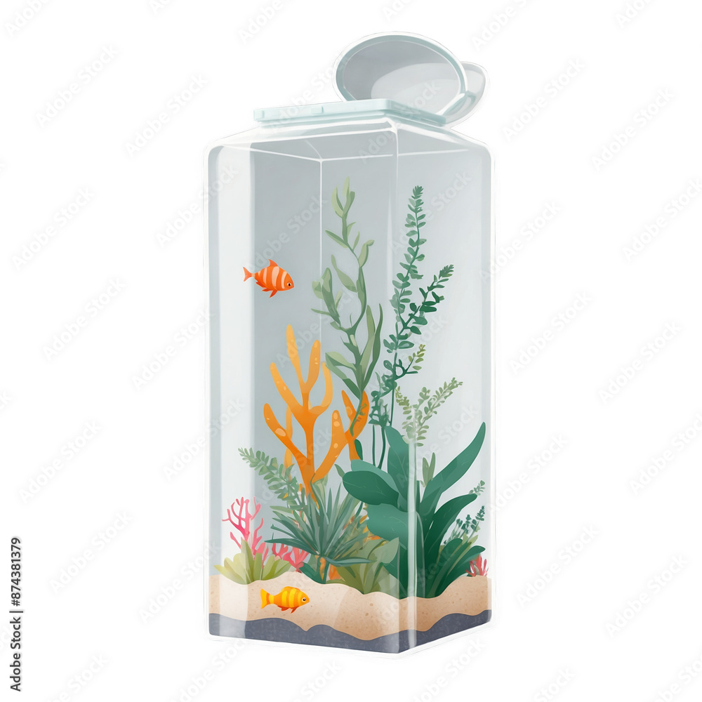 Poster A clear boxshaped container holding various plants and sea creatures both big and small..