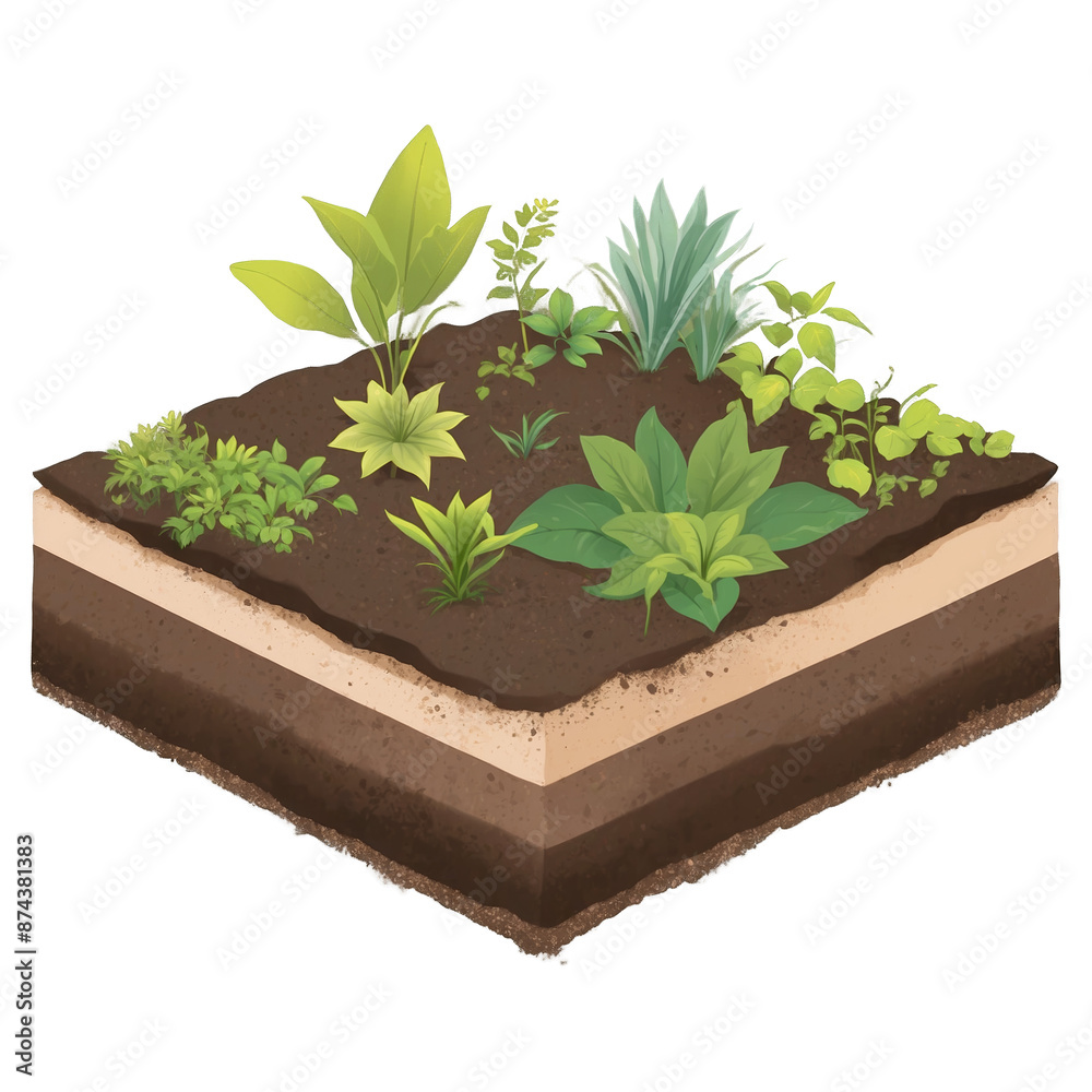 Poster A small enclosed ecosystem with various types of green plants and a layer of rich soil..
