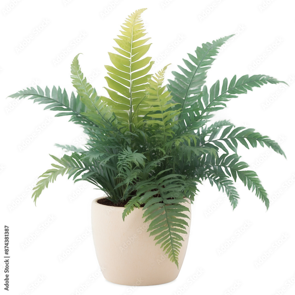 Poster A realistic looking artificial plant designed to mimic a lush fern. It has intricate fronds in varying shades of green and is planted in a simple clay pot adding a natural touch to.
