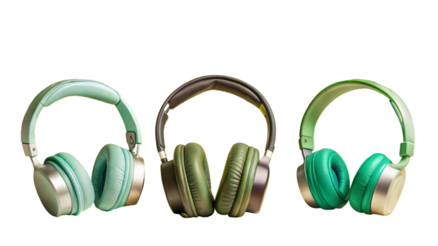 Three green headphones are lined up on a transparent background
