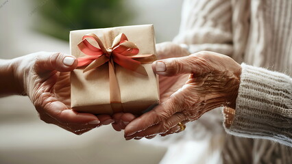 an old woman's hand is seen giving a small gift to her best friend
