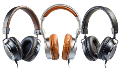 Three different colored headphones are lined up next to each other