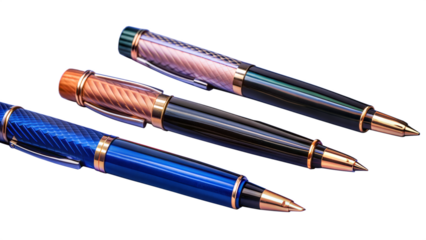 Three pens of different colors are lined up on a transparent background