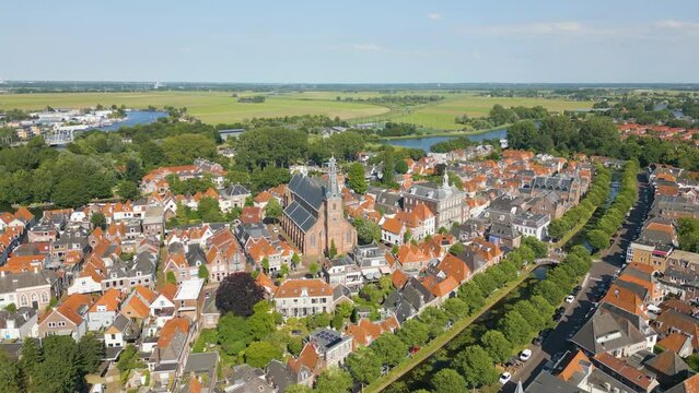 Aerial drone view of the typical dutch town named Weesp in the Netherlands.