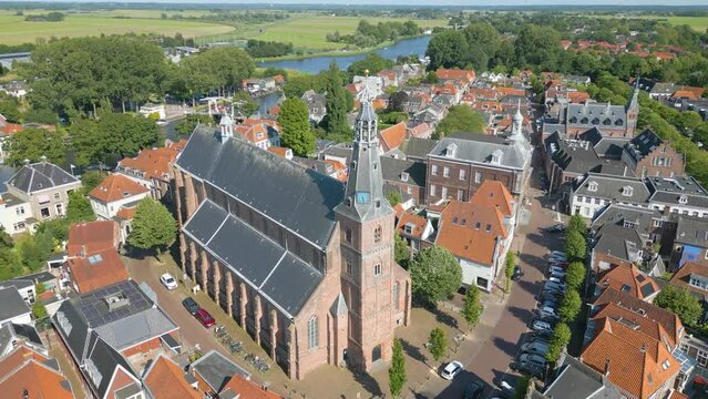 Aerial drone view of the typical dutch town named Weesp in the Netherlands.