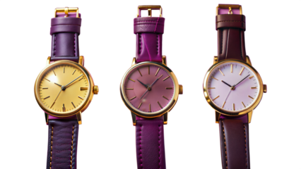 Three watches with purple straps are shown on a transparent background