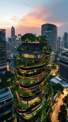 Obraz premium Modern skyscraper with lush greenery integrated into the design, illuminated at dusk.
