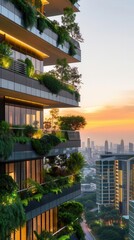 Fototapeta premium Modern high-rise building with lush greenery and balconies, sunset cityscape in the background.