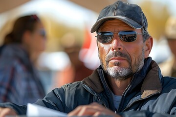  USA voter with ballot paper in hand and United States flag 